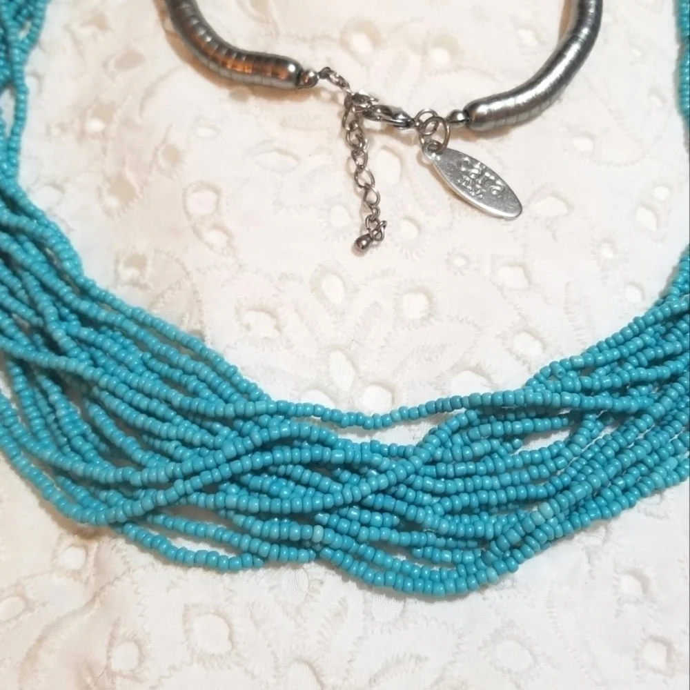 𝅺Vintage Cara NY 16 Strand Turquoise Glass Bead Necklace